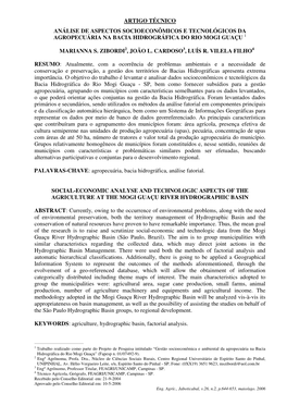 Artigo Técnico Análise De Aspectos Socioeconômicos E Tecnológicos Da Agropecuária Na Bacia Hidrográfica Do Rio Mogi Guaçu 1