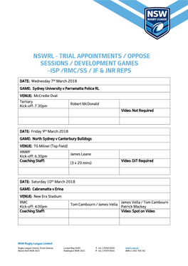 Nswrl - Trial Appointments / Oppose Sessions / Development Games –Isp /Rmc/Ss / Jf & Jnr Reps