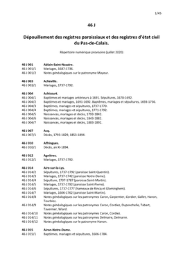 46 J Dépouillement Des Registres Paroissiaux Et Des Registres D'état