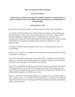 Office of Congressman John Garamendi Letter for the Record