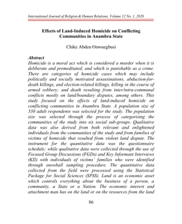 Effects of Land-Induced Homicide on Conflicting Communities in Anambra State