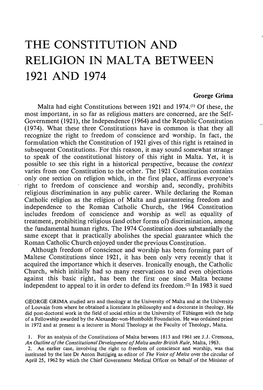 The Constitution and Religion in Malta Between 1921 and 1974