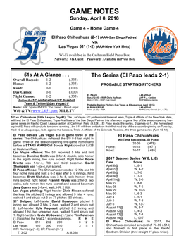 GAME NOTES Sunday, April 8, 2018