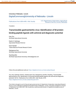 Transmissible Gastroenteritis Virus: Identification of M Protein-Binding Peptide Ligands with Antiviral and Diagnostic Potential