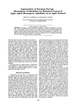 Augmentation of European Earwigs (Dermaptera: Forficulidae) for Biological Control of Apple Aphid (Homoptera: Aphididae) in an Apple Orchard