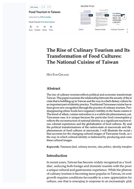 The Rise of Culinary Tourism and Its Transformation of Food Cultures: the National Cuisine of Taiwan