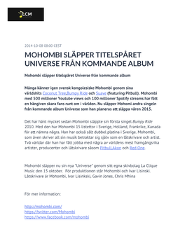 Mohombi Släpper Titelspåret Universe Från Kommande Album