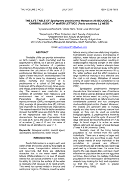 THE LIFE TABLE of Spodoptera Pectinicornis Hampson AS BIOLOGICAL CONTROL AGENT of WATER LETTUCE (Pistia Stratiotes L.) WEED