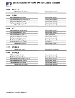 Solo Awards for Texas Dance Classic - 2/26/2007