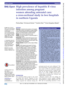 High Prevalence of Hepatitis B Virus Infection Among Pregnant Women Attending Antenatal Care: a Cross-Sectional Study in Two Hospitals in Northern Uganda