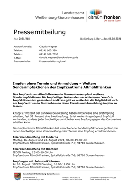 Pressemitteilung Nr.: 2021/218 Weißenburg I