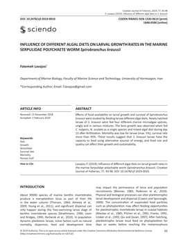 INFLUENCE of DIFFERENT ALGAL DIETS on LARVAL GROWTH RATES in the MARINE SERPULIDAE POLYCHAETE WORM Spirobranchus Kraussii