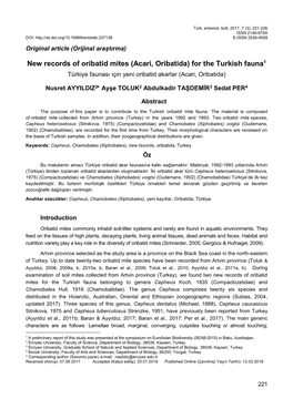 Acari, Oribatida) for the Turkish Fauna1 Türkiye Faunası Için Yeni Oribatid Akarlar (Acari, Oribatida)