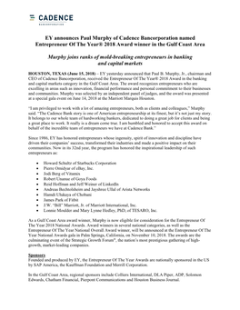 EY Announces Paul Murphy of Cadence Bancorporation Named Entrepreneur of the Year® 2018 Award Winner in the Gulf Coast Area