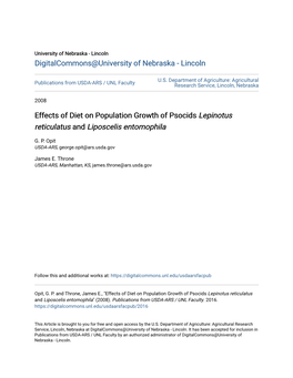 Effects of Diet on Population Growth of Psocids &lt;I&gt;Lepinotus Reticulatus&lt;/I&gt; and &lt;I&gt;Liposcelis Entomophila&lt;