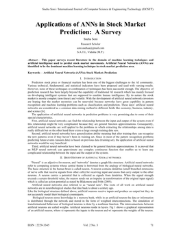 Applications of Anns in Stock Market Prediction: a Survey Sneha Soni Research Scholar Soni.Snehaa@Gmail.Com S.A.T.I., Vidisha (M.P.)