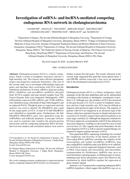 Investigation of Mirna‑And Lncrna‑Mediated Competing Endogenous