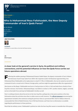 Who Is Mohammad Reza Fallahzadeh, the New Deputy Commander of Iran’S Qods Force? by Ali Alfoneh