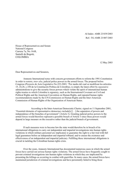 Colombia: Letter to Congress on Judicial Powers