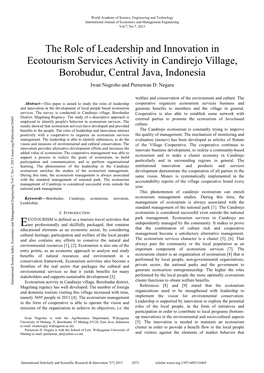 The Role of Leadership and Innovation in Ecotourism Services Activity in Candirejo Village, Borobudur, Central Java, Indonesia Iwan Nugroho and Purnawan D