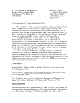 Art 232: History of Western Art II David Mccarthy Rhodes College, Spring 2006 414 Clough, Ext