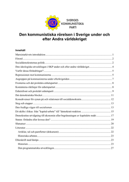 Den Kommunistiska Rörelsen I Sverige Under Och Efter Andra Världskriget