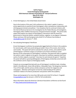 Ernest Hemingway Society Panels 2014 American Literature Association 25Th Annual Conference May 22-25, 2014 Washington, DC