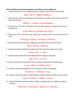 Write the Following Chemical Equations and Balance Using Coefficients. 1