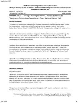 PROJECT TITLE: Strategic Planning for MD for America 250 to Include Washington-Rochambeau Revolutionary Route National Historic Trail