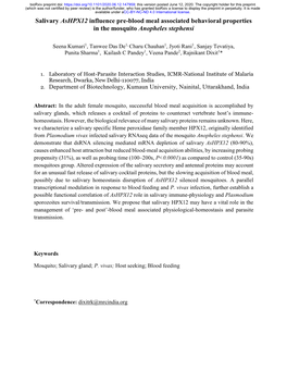 Salivary Ashpx12 Influence Pre-Blood Meal Associated Behavioral Properties in the Mosquito Anopheles Stephensi