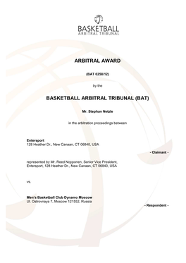 Arbitral Award Basketball Arbitral Tribunal (Bat)