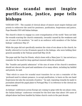 Abuse Scandal Must Inspire Purification, Justice, Pope Tells Bishops