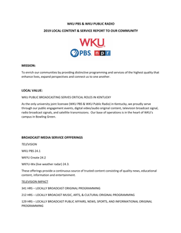 Wku Pbs & Wku Public Radio 2019 Local Content & Service Report to Our