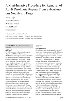 A Mini-Invasive Procedure for Removal of Adult Dirofilaria Repens from Subcutane