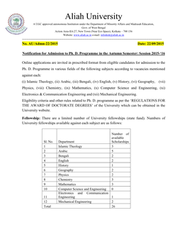 Aliah University a UGC Approved Autonomous Institution Under the Department of Minority Affairs and Madrasah Education, Govt