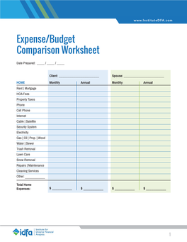 Expense/Budget Comparison Worksheet