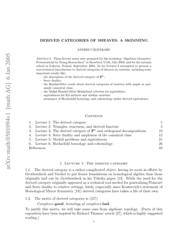 Arxiv:Math/0501094V1 [Math.AG] 6 Jan 2005 ..Temtoo Eie Aeoisi ([27]) Is Categories Derived of Motto the 1.2