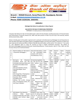 ROSAR Branch, Suraj Plaza-III, Sayajigunj, Baroda E-Mail: SARBAR@BANKOFBARODA.CO.IN Phone: 0265-2225229, 2363351