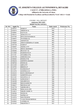 COURSE : B.Sc. BOTANY Admission 2021-2022 MERIT RANK LIST(SC) SL.NO Appln No