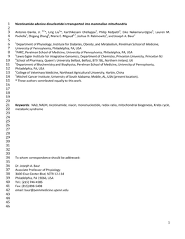 1 Nicotinamide Adenine Dinucleotide Is Transported Into Mammalian Mitochondria 2 3 Antonio Davila, Jr
