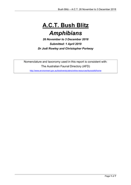 Amphibians 26 November to 3 December 2018 Submitted: 1 April 2019 Dr Jodi Rowley and Christopher Portway