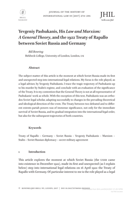 Yevgeniy Pashukanis, His Law and Marxism: a General Theory, and the 1922 Treaty of Rapallo Between Soviet Russia and Germany