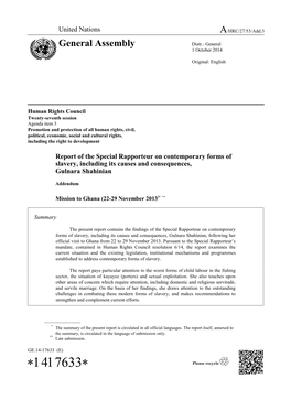 Report of the Special Rapporteur on Contemporary Forms of Slavery, Including Its Causes and Consequences, Gulnara Shahinian
