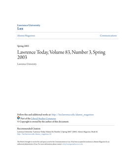 Lawrence Today, Volume 83, Number 3, Spring 2003 Lawrence University