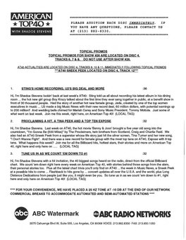 9ABC RADIO NETWORKS 3575 Cahuenga Blvd W, Suite 555, Los Angeles, CA 90068 VOICE: 213.882.8330 FAX: 213.850.1050 AT40 ACTUALITIES W, SHOW 26 DISC 4 TRACKS 9.10, &11