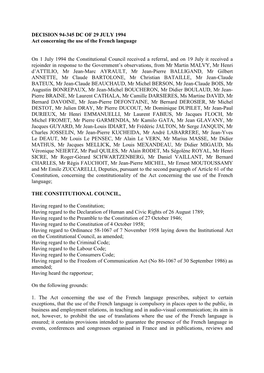 DECISION 94-345 DC of 29 JULY 1994 Act Concerning the Use of the French Language