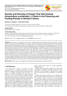 Density and Diversity of Insects That Visit Cashew (Anacardium Occidentale L.) Plants in the Flowering and Fruiting Periods in Northern Ghana