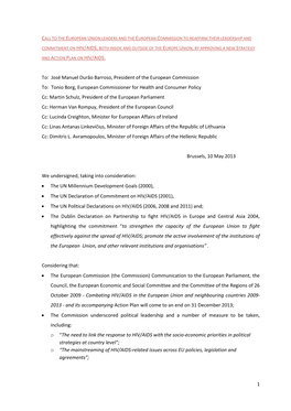 Call to the European Union and European Commission to Renew Their Leadership and Commitment on HIV/AIDS Within and Outside Of