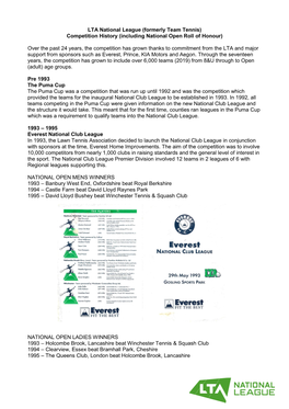 LTA National League (Formerly Team Tennis) Competition History (Including National Open Roll of Honour)