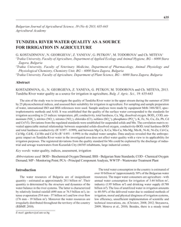 Tundzha River Water Quality As a Source for Irrigation in Agriculture G